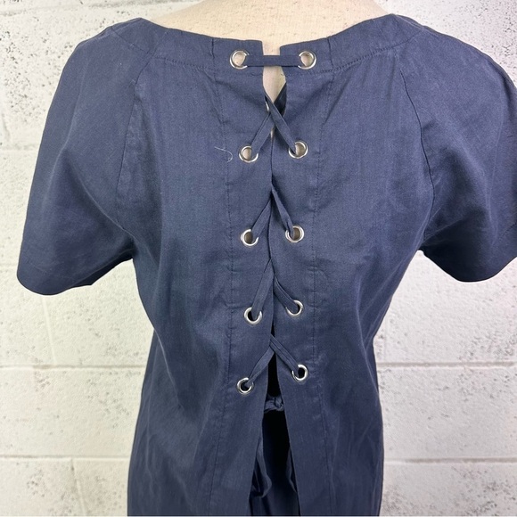 Theory Navy Blue Lace Back Raglan Shift Dress Linen Blend Size 6 Knee Length - Picture 4 of 9